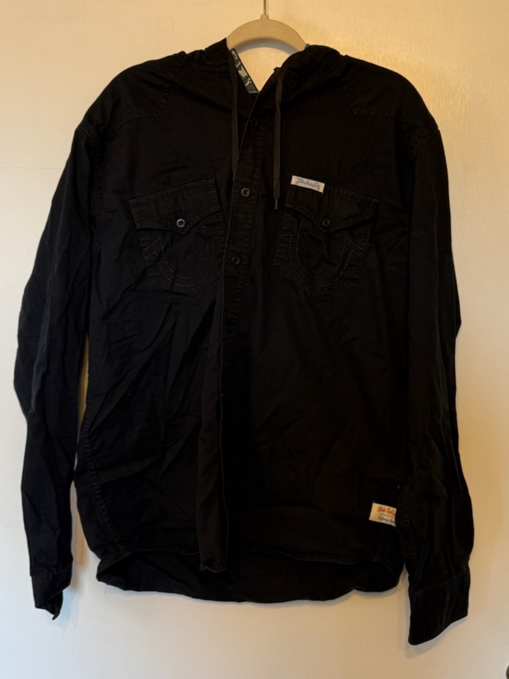 True Religion Black Hooded Shirt Jacket with Flap Chest Pocket